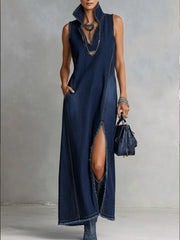 Casual Sleeveless Denim Dress With Slit