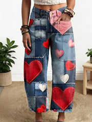 Women's Love Hearts Pattern Art Print Casual Cotton Denim Pants