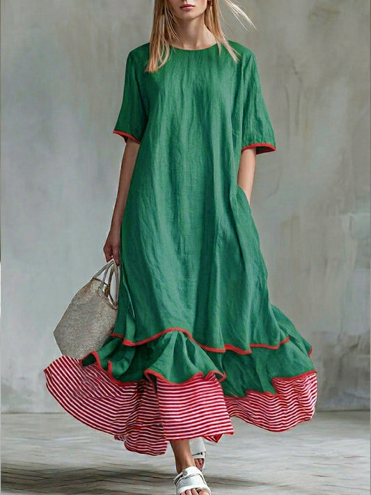 Women’s Patchwork Striped Midi Dress – Casual Green Summer Dress