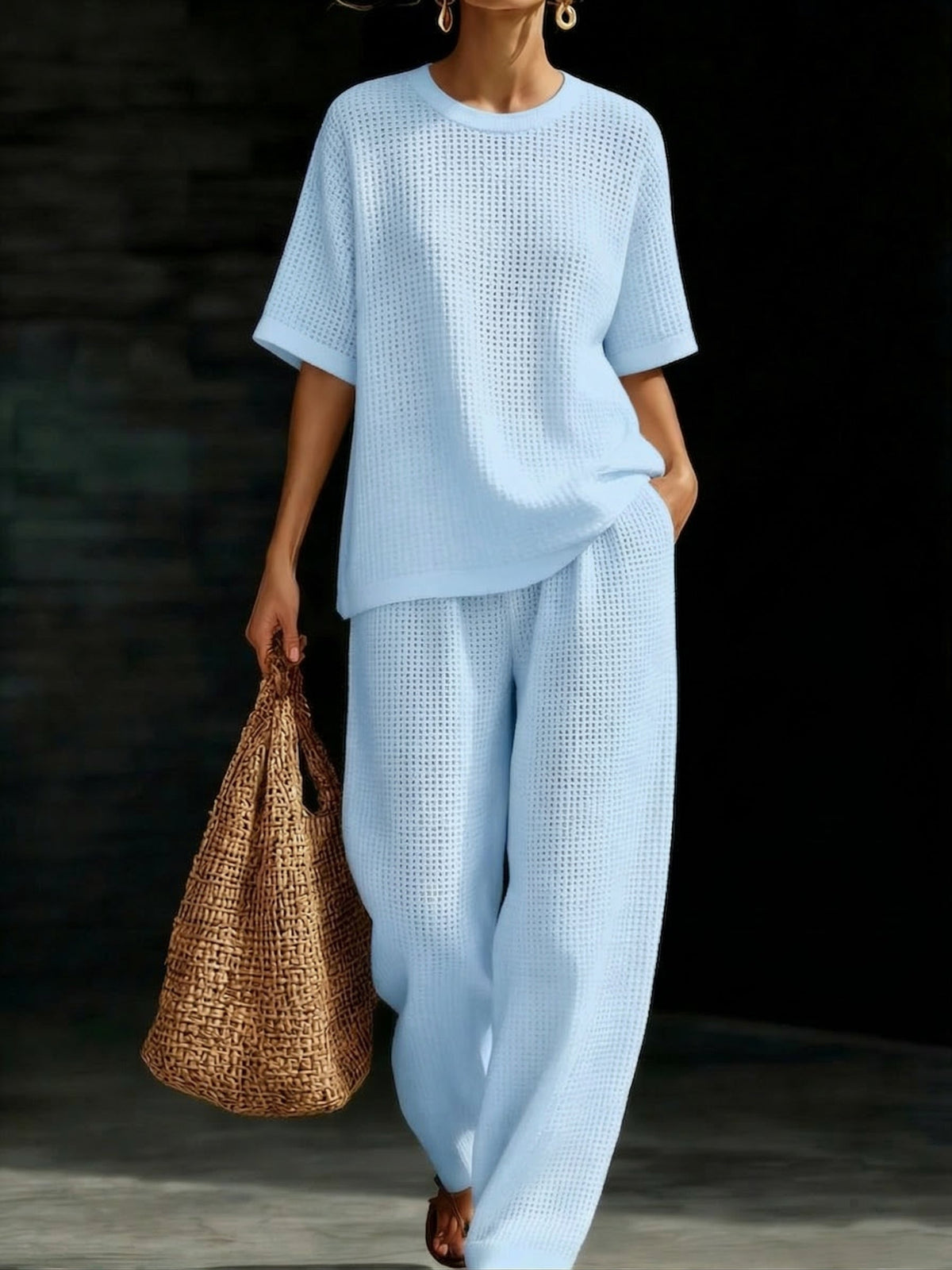 Womens Breathable Waffle Texture Short Sleeve Top And Wide Leg Pants Two Piece Set