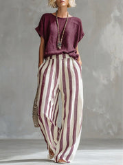 Cozy Loose-fit Striped Cotton-linen Two-piece Set