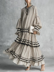 Women's Casual Stylish Vacation Art Striped Ruffled Cotton Maxi Dress