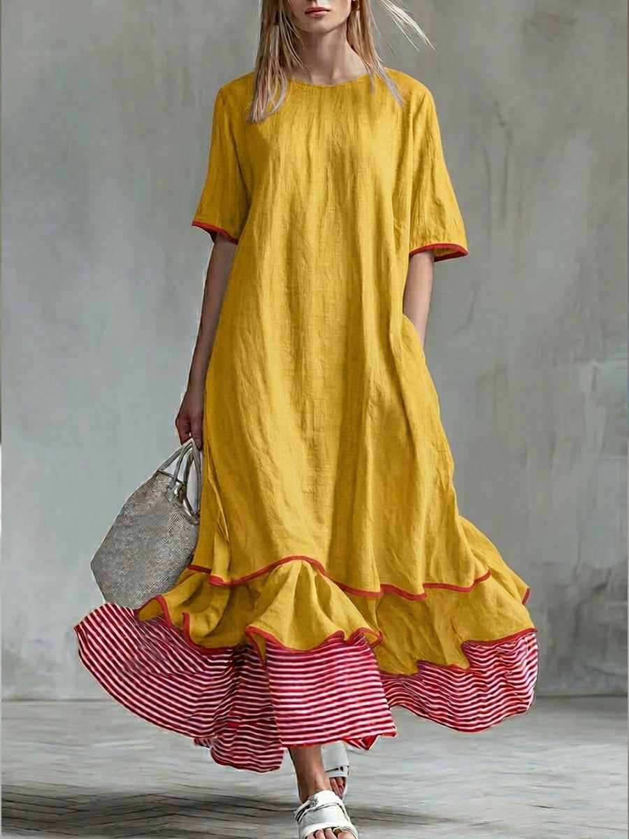 Women’s Patchwork Striped Midi Dress – Casual Yellow Summer Dress