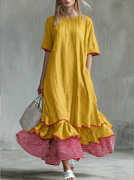 Women’s Patchwork Striped Midi Dress – Casual Yellow Summer Dress