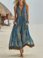 Women's Retro Casual Green Leopard Print Art Hooded Midi Dress