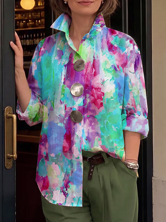 Artistic Watercolor Palette Print Metal-button Casual Retro Shirt