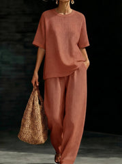 Womens Breathable Waffle Texture Short Sleeve Top And Wide Leg Pants Two Piece Set