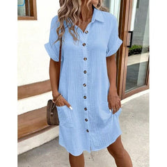 Casual solid color cotton linen button-down long short sleeve loose shirt dress