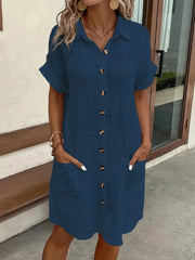Casual solid color cotton linen button-down long short sleeve loose shirt dress