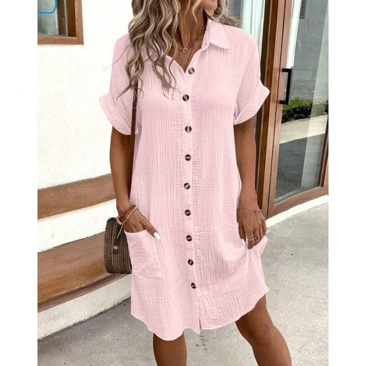 Casual solid color cotton linen button-down long short sleeve loose shirt dress