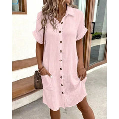 Casual solid color cotton linen button-down long short sleeve loose shirt dress