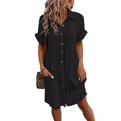 Casual solid color cotton linen button-down long short sleeve loose shirt dress