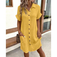 Casual solid color cotton linen button-down long short sleeve loose shirt dress