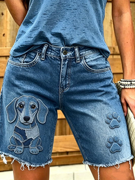 Women's Animal Dog Art Printed Short Jeans