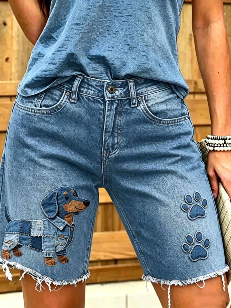 Women's Animal Dog Art Printed Short Jeans
