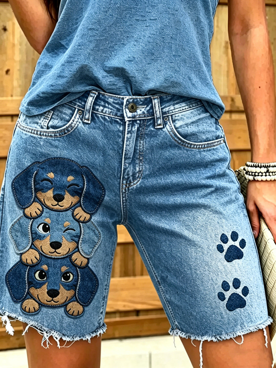 Women's Animal Dog Art Printed Short Jeans