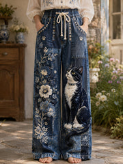 Women's Vintage Floral Cat Collage Art Print Trousers