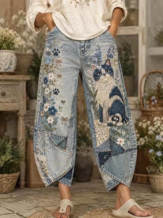 Women's Cute Kitten and Floral Collage Art Print Flared Trousers