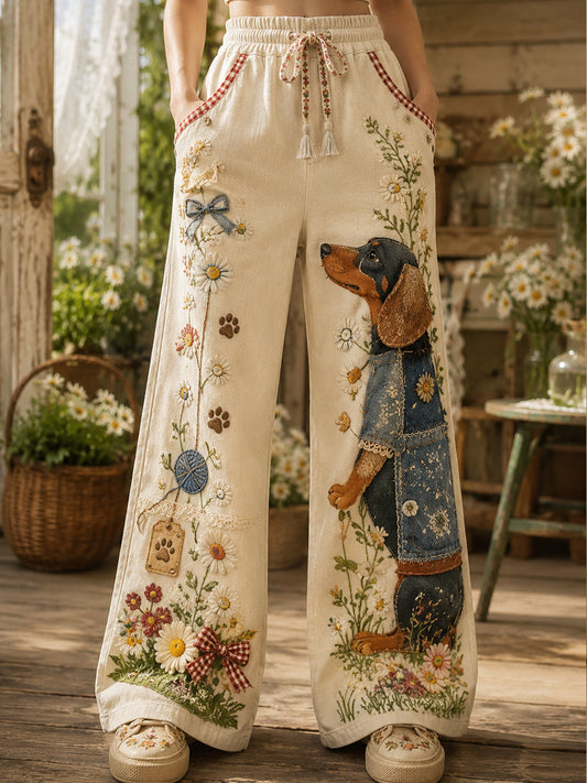 Women's Vintage Floral Dachshund Collagel Art Print Trousers