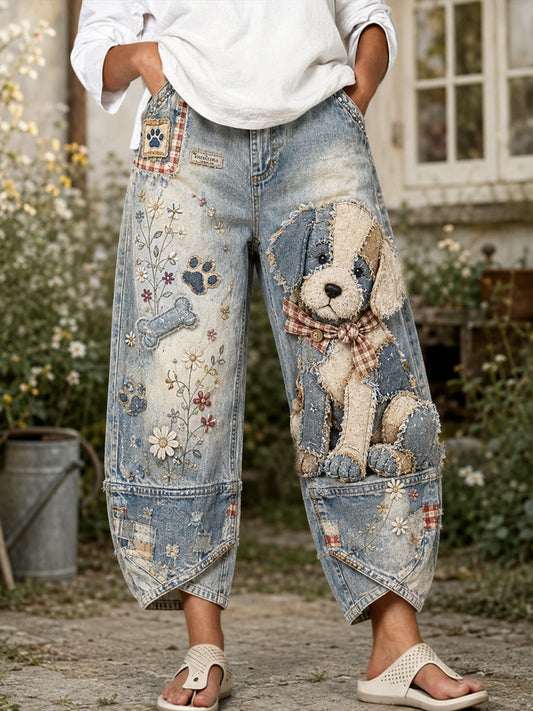 Women's Cute Puppy and Floral Collage Art Print Flared Trousers