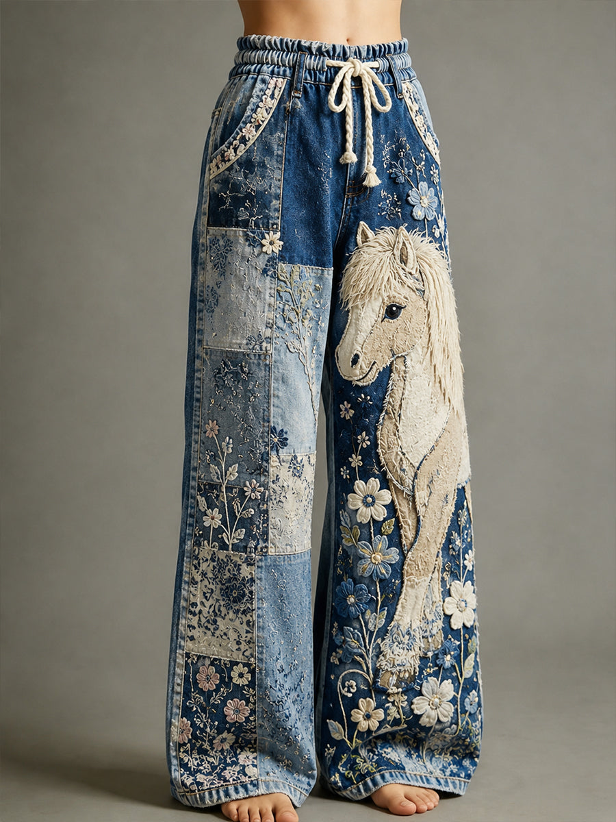 Women's Vintage Floral And Horse Collage Art Print Trousers