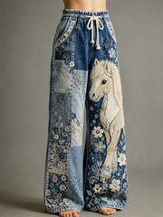 Women's Vintage Floral And Horse Collage Art Print Trousers