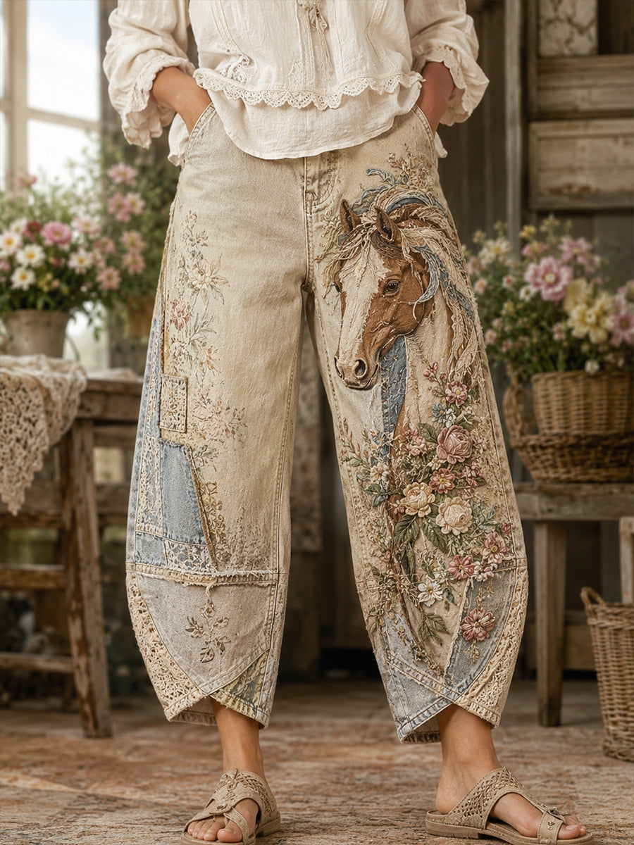 Women's Vintage Horse and Floral Collage Art Print Flared Trousers