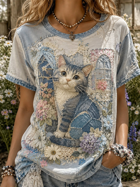 Women's Vintage Floral Cat Collage Short-Sleeved T-Shirt