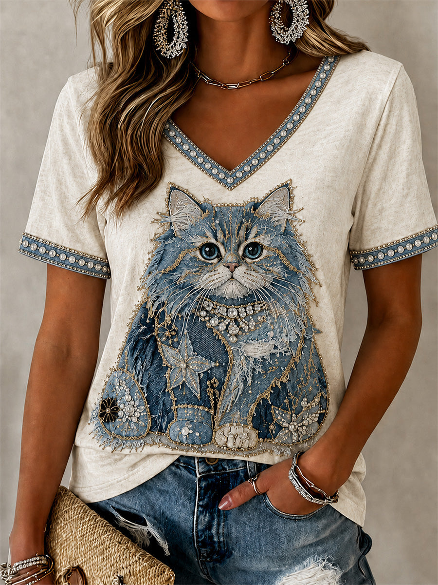 Women's Cowboy Cat  Print Casual V-Neck Tee