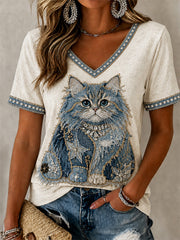 Women's Cowboy Cat  Print Casual V-Neck Tee