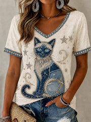 Women's Cowboy Cat  Print Casual V-Neck Tee