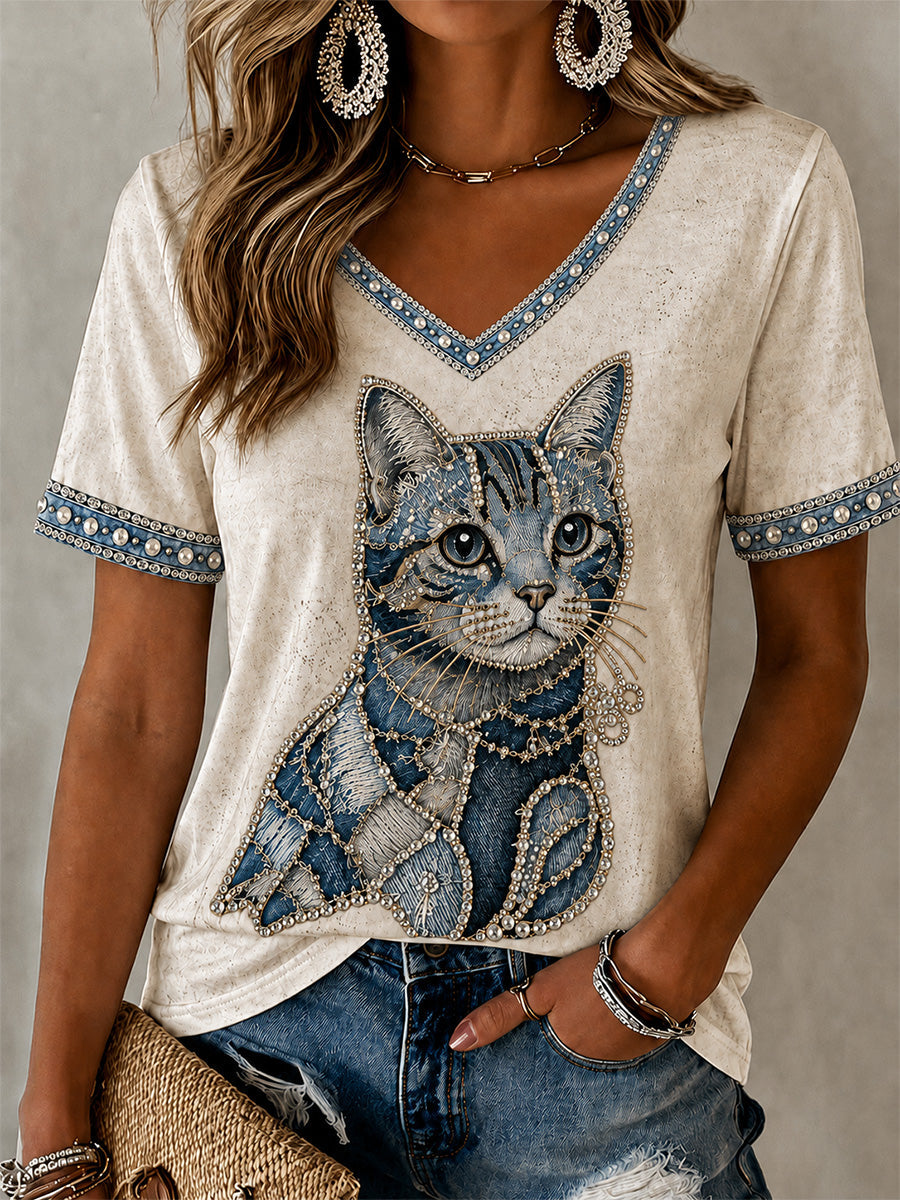 Women's Cowboy Cat  Print Casual V-Neck Tee