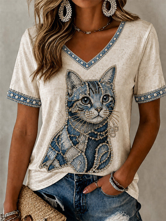Women's Cowboy Cat  Print Casual V-Neck Tee