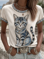 Women's Cowboy Cat  Print Casual Tee