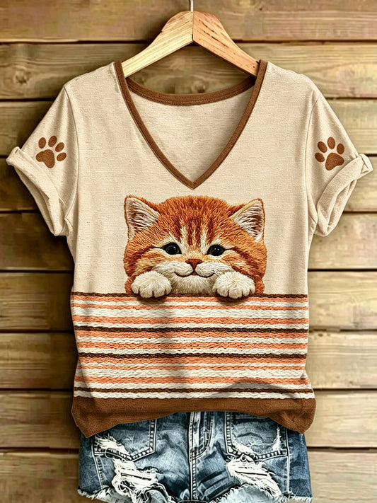 Women's Animal Cat Stripes Printed Vintage Fashion Loose Short Sleeve T-Shirt