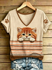 Women's Animal Cat Stripes Printed Vintage Fashion Loose Short Sleeve T-Shirt