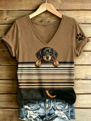 Women's Animal Dog Stripes Printed Vintage Fashion Loose Short Sleeve T-Shirt