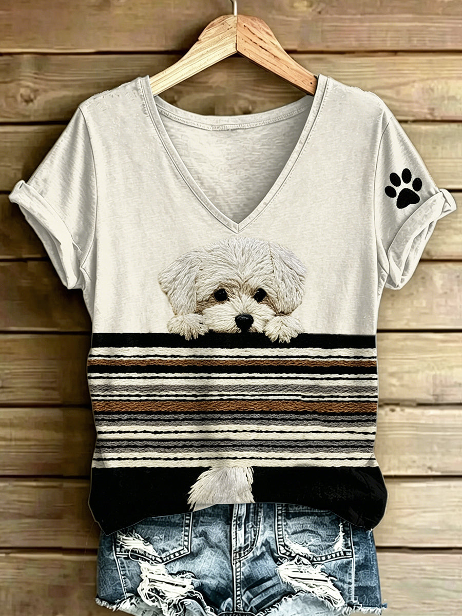 Women's Animal Dog Stripes Printed Vintage Fashion Loose Short Sleeve T-Shirt