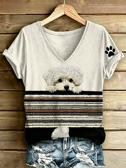 Women's Animal Dog Stripes Printed Vintage Fashion Loose Short Sleeve T-Shirt