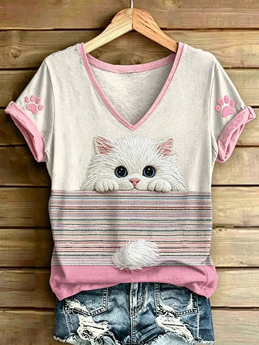 Women's Animal Cat Stripes Printed Vintage Fashion Loose Short Sleeve T-Shirt