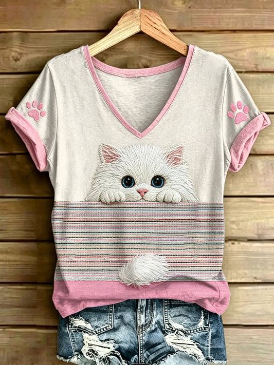 Women's Animal Cat Stripes Printed Vintage Fashion Loose Short Sleeve T-Shirt