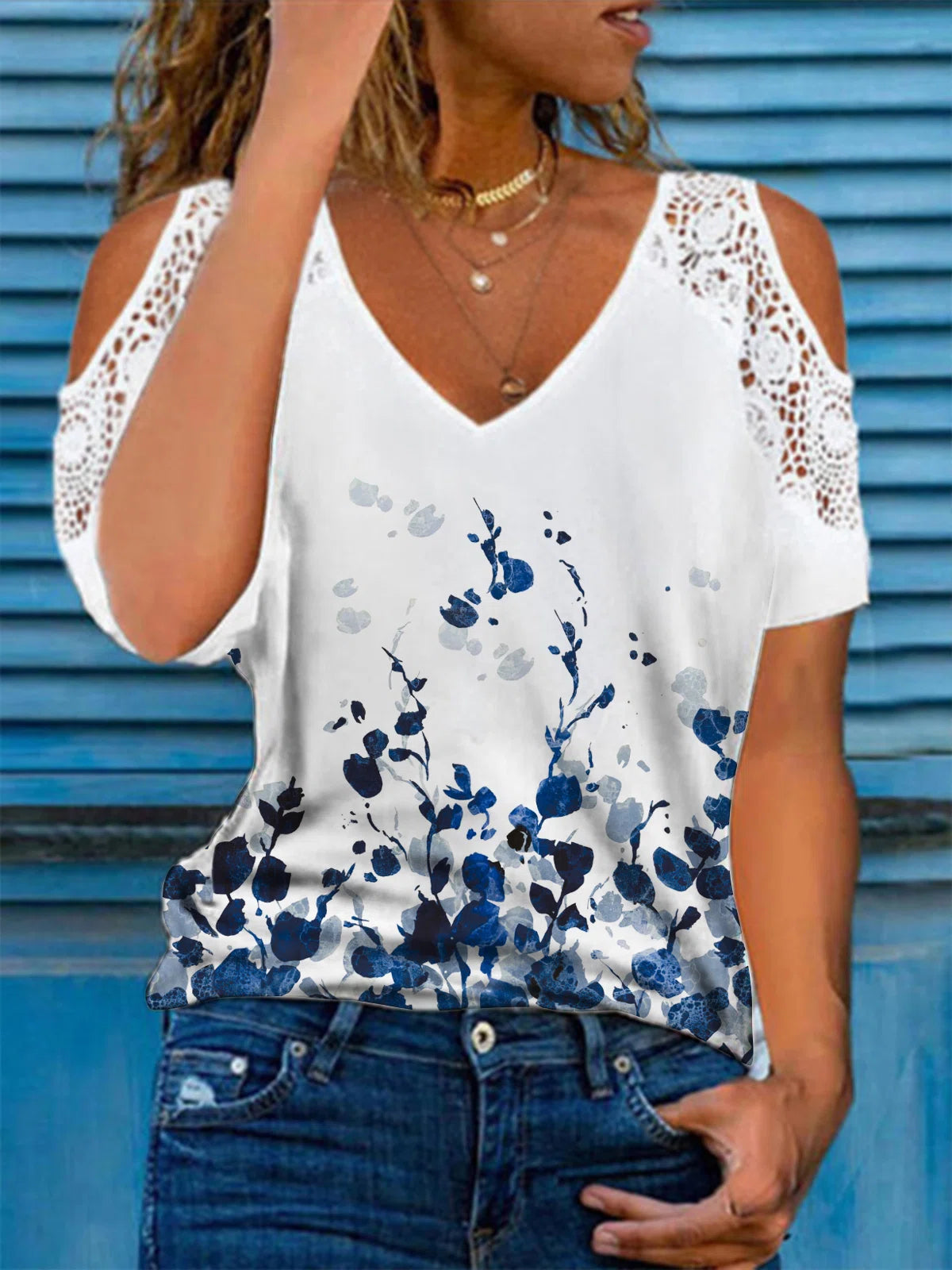 Floral Print V-neck Short Sleeves T-shirt