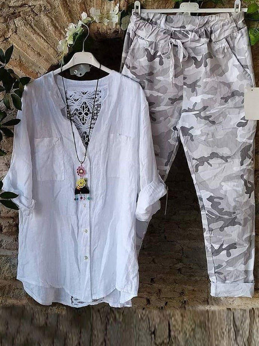 Camouflage Hollow out Buttons Long Sleeves Two Piece Suit
