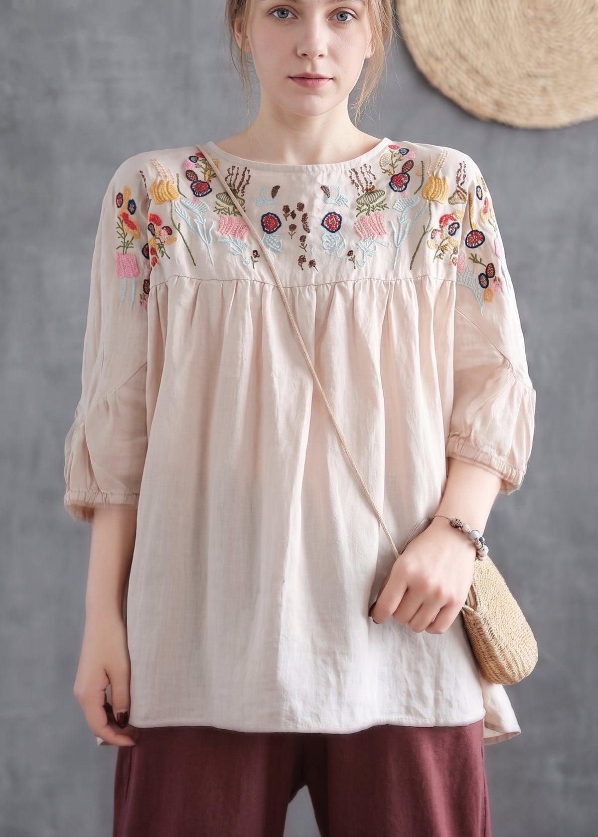 Loose Navy O-Neck Embroideried Cotton T Shirt Half Sleeve