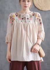 Loose Navy O-Neck Embroideried Cotton T Shirt Half Sleeve