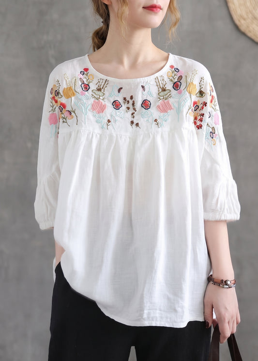 Loose Navy O-Neck Embroideried Cotton T Shirt Half Sleeve