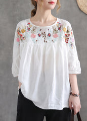 Loose Navy O-Neck Embroideried Cotton T Shirt Half Sleeve